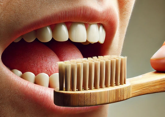 A realistic digital painting of a person holding a bamboo toothbrush close to their mouth, showing swollen and sore gums. The person's face is partial