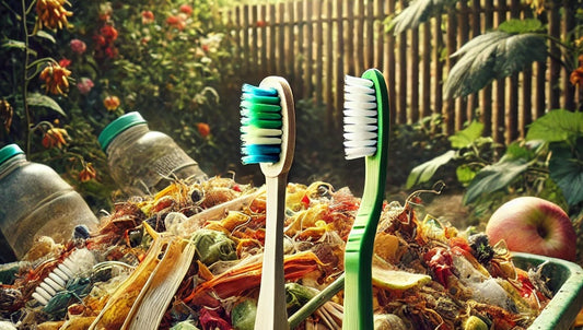 A plastic toothbrush and a bamboo toothbrush sitting side by side in a compost bin, surrounded by a variety of decomposing food waste and soil, with a garden in the background
